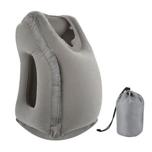 Gray Inflatable Travel Pillow for Upright / Seated Posture and Air Ventilation